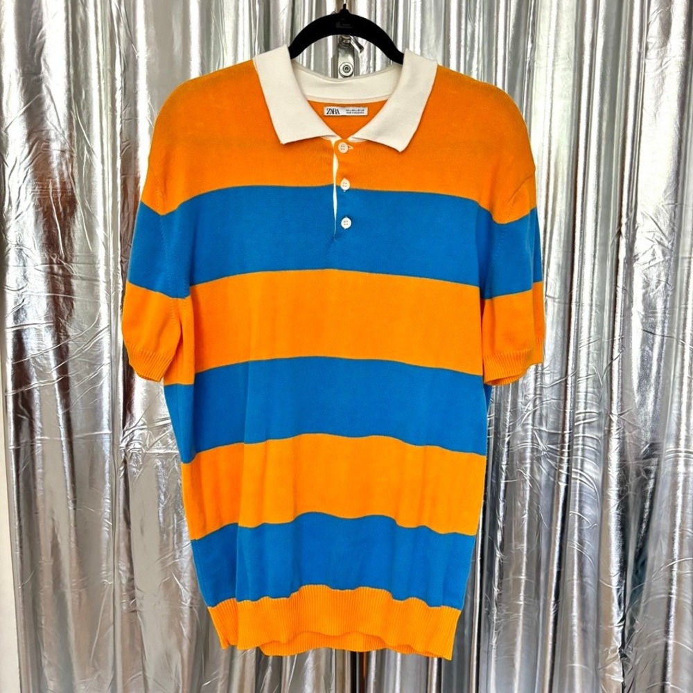 Zara Orange Blue Colorblock Rugby Polo